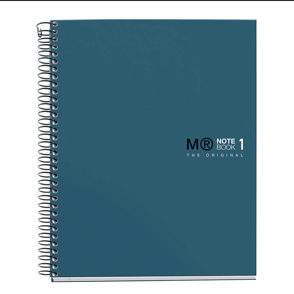 Dunkelblaues Notizbuch mit Drahtbindung. Auf dem Cover steht 'MR NOTEBOOK 1 THE ORIGINAL'.