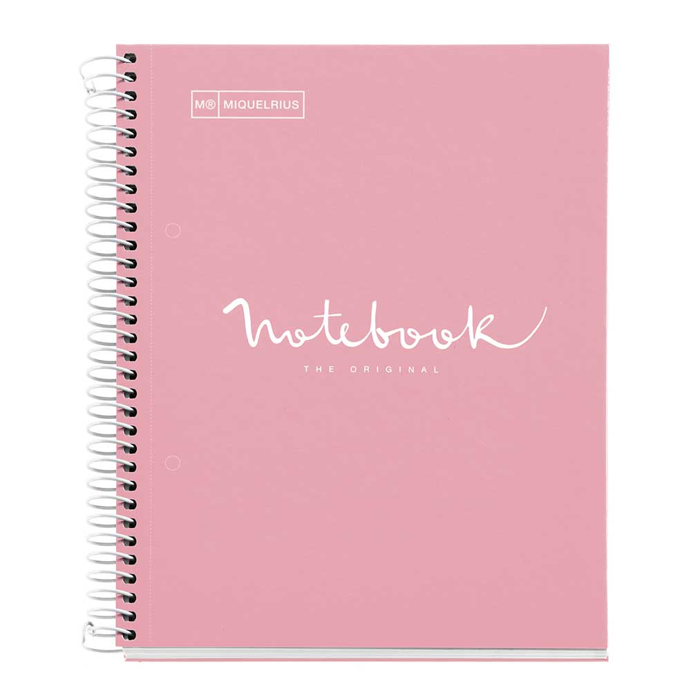 Rosa Spiralnotizbuch mit dem Aufdruck 'Notebook THE ORIGINAL'. Die Oberfläche ist glatt.