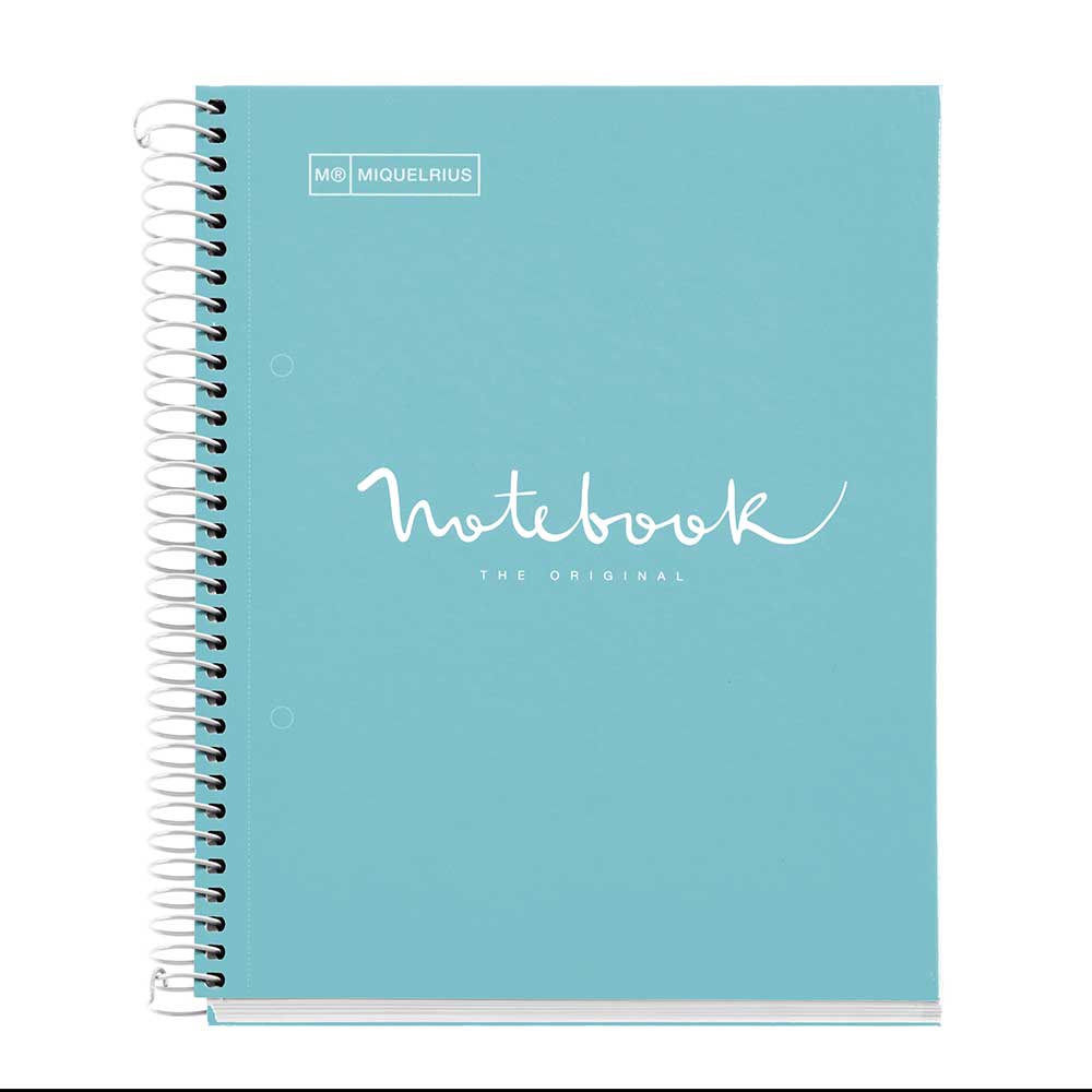 Türkisfarbenes Notizbuch mit Spiralbindung. Auf dem Cover steht 'Notebook THE ORIGINAL' in weißer Schrift.