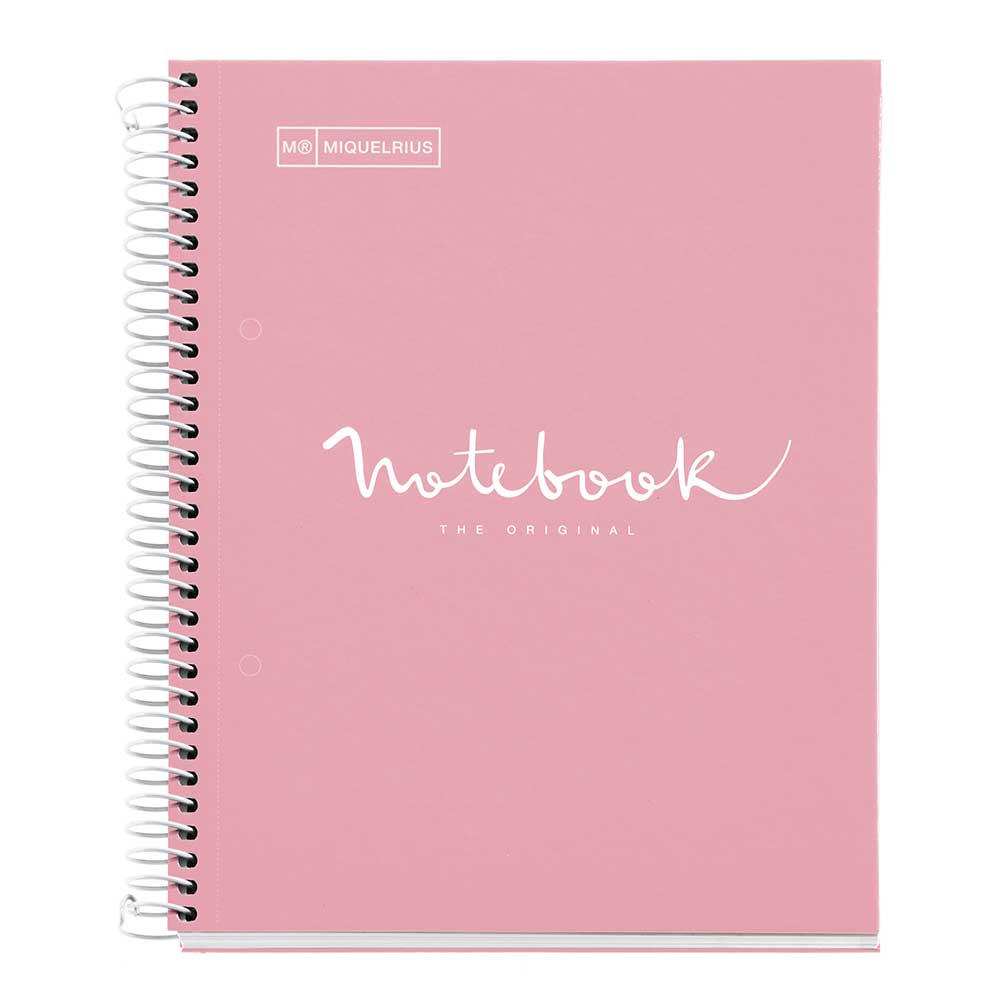 Rosa Spiralnotizbuch mit dem Aufdruck 'Notebook THE ORIGINAL'. Die Oberfläche ist glatt und schlicht.