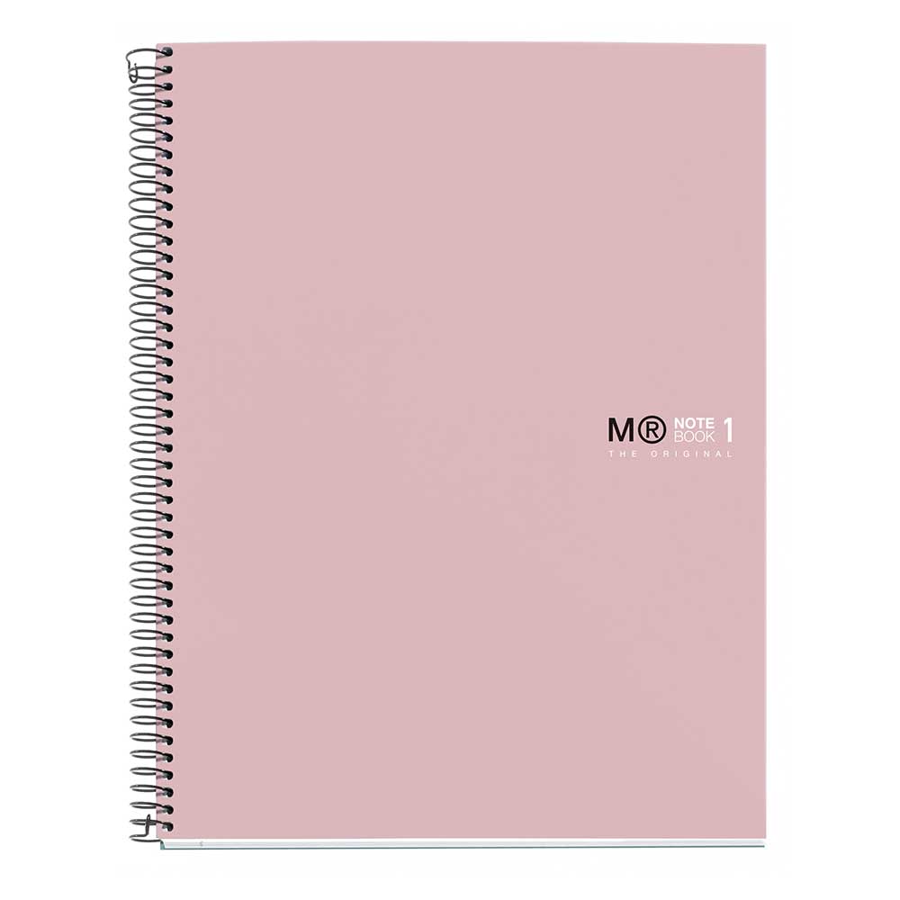 Rosa Notizbuch mit Spiralbindung. Auf der Vorderseite steht 'M R NOTEBOOK 1 THE ORIGINAL'.