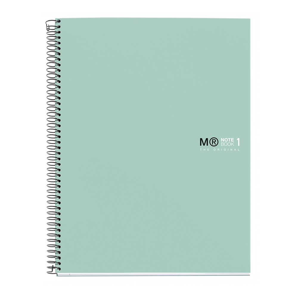 grünes Spiralnotizbuch mit schwarzem Logo. Das Cover ist schlicht und unbeschriftet.