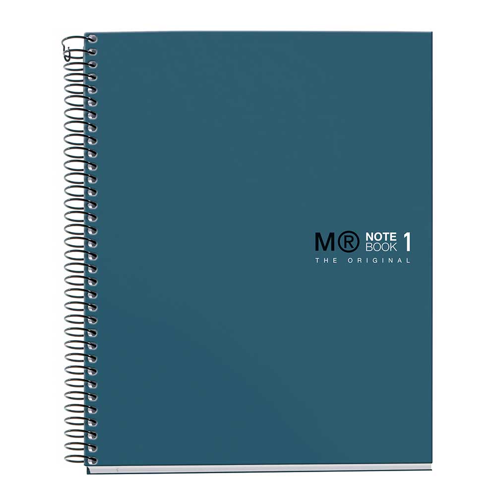 Dunkelblaues Notizbuch mit Spiralbindung. Auf dem Cover steht 'MR NOTEBOOK 1 THE ORIGINAL'.