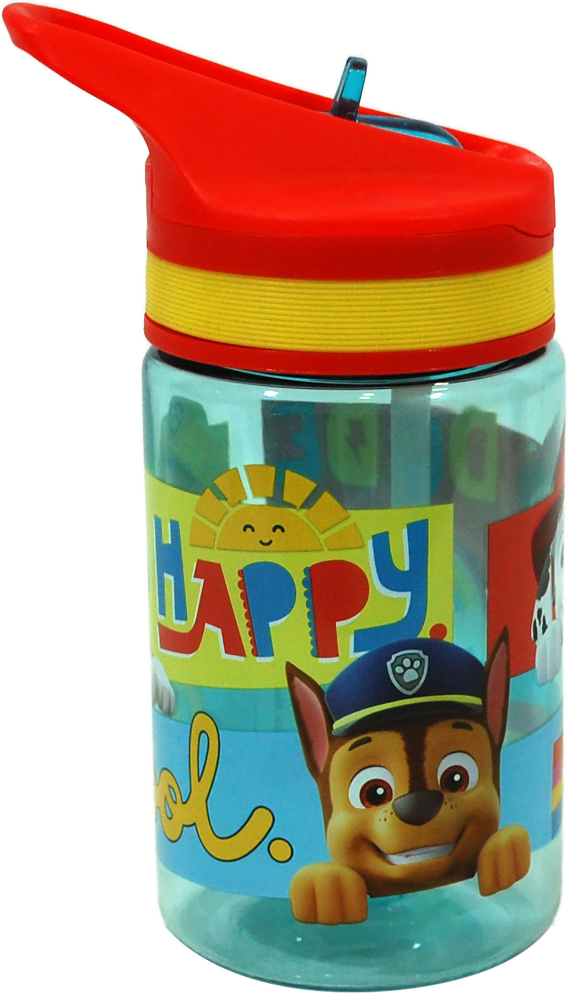 Wasserflasche mit rotem Deckel und buntem Design. Abgebildeter Hund mit Polizeihut und der Schriftzug 'HAPPY'.