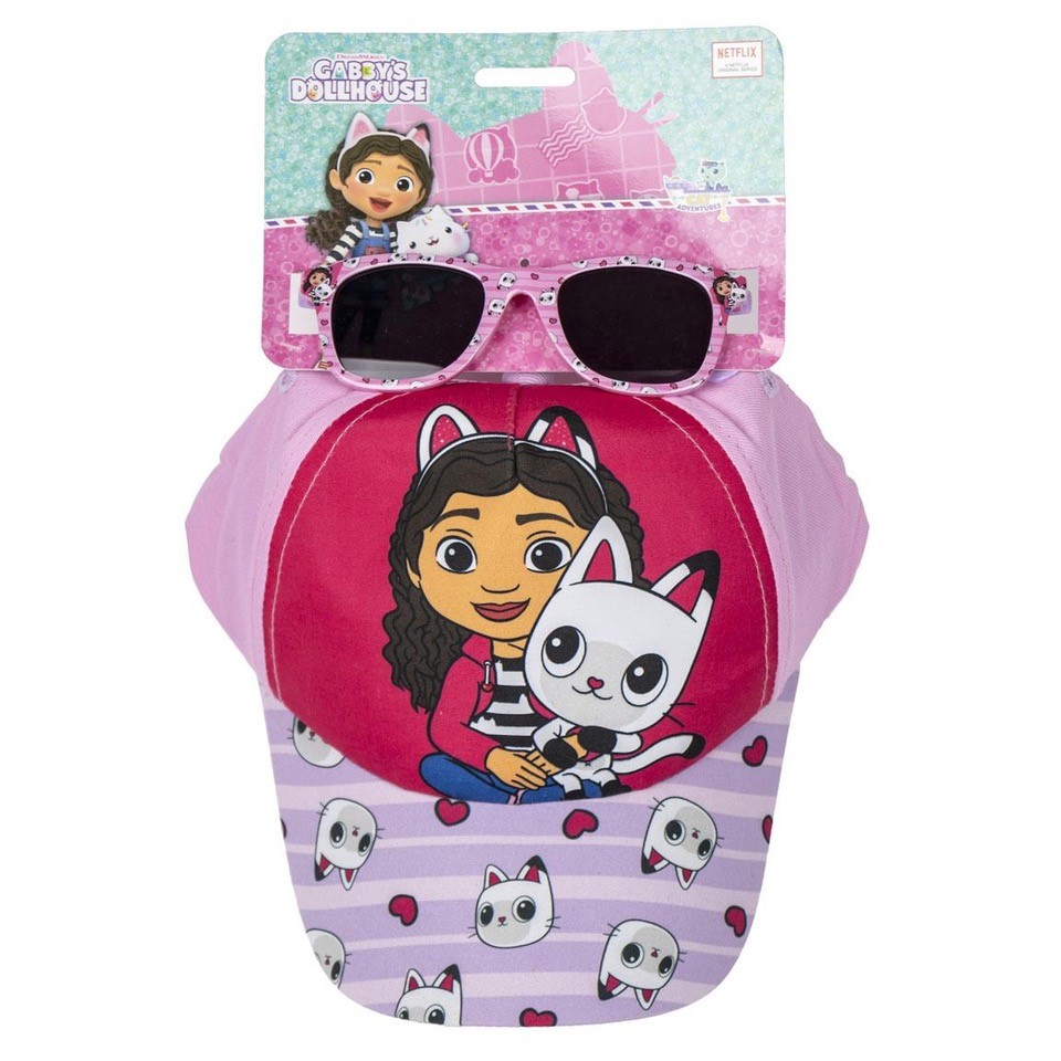 Cap mit pinkem Design und einem Cartoon-Mädchen mit einer Katze. Dazu passende Sonnenbrille.