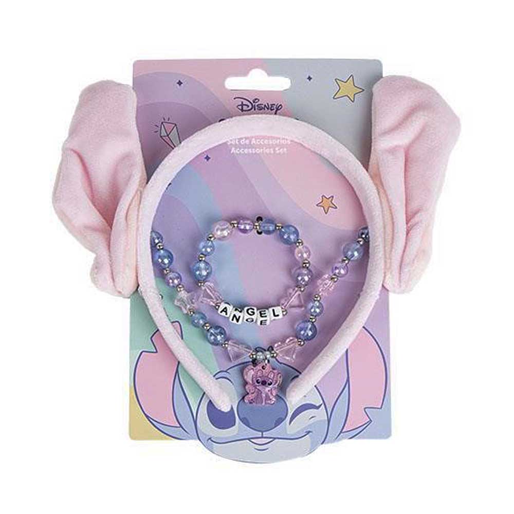 Accessoires-Set mit einem Haarreif und einer Perlenkette. Der Haarreif hat rosa Ohren und die Kette hat den Schriftzug 'ANGEL'.