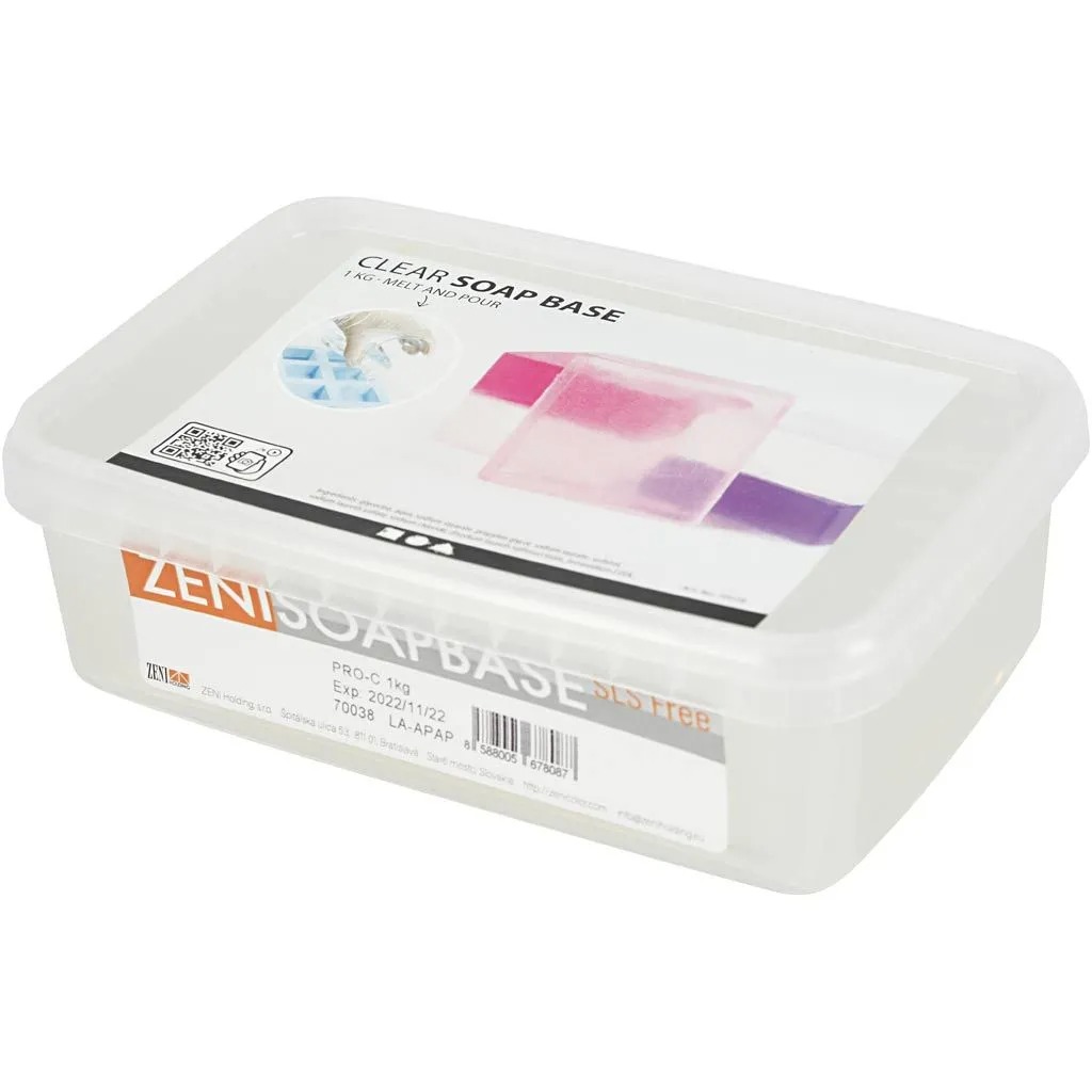 Transparente Seifenbasis in einem Kunststoffbehälter. Gewicht 1 kg, SLS-frei.