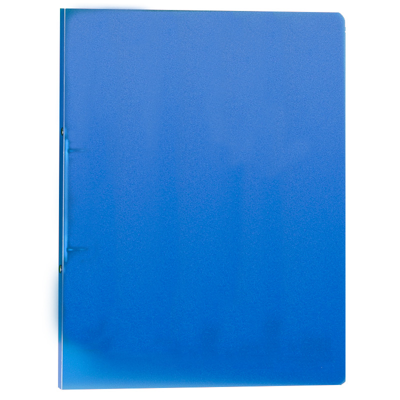 Blauer Ordner aus Kunststoff. Geschlossen, mit zwei Metallklammern.