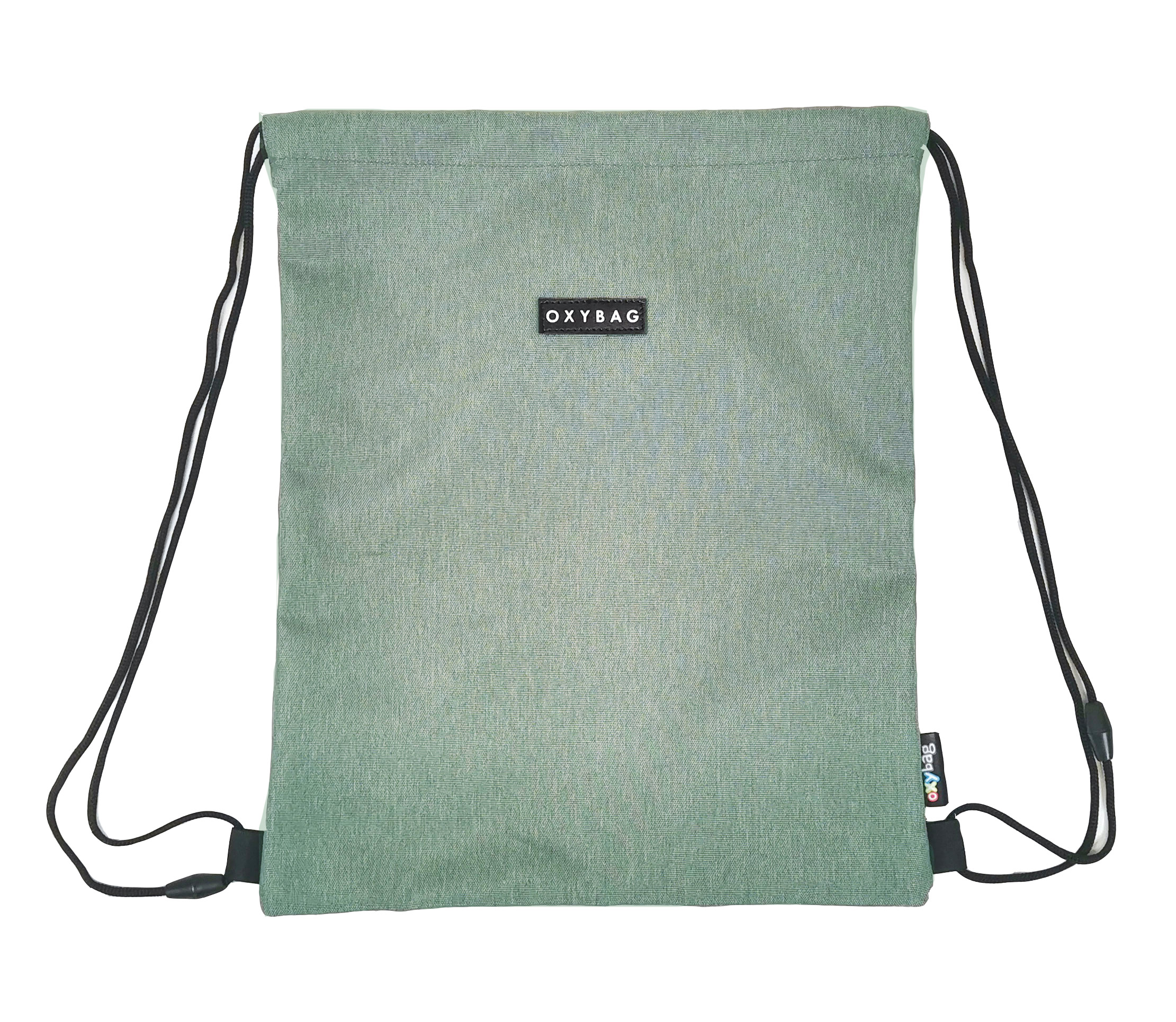 Grüner Rucksack aus Stoff mit Kordelzug. Auf der Vorderseite befindet sich ein schwarzes Logo.