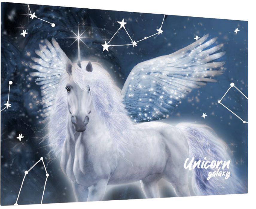 Ein weißes Einhorn mit Flügeln vor einem blauen, sternenübersäten Hintergrund. Der Titel 'Unicorn galaxy' ist sichtbar.
