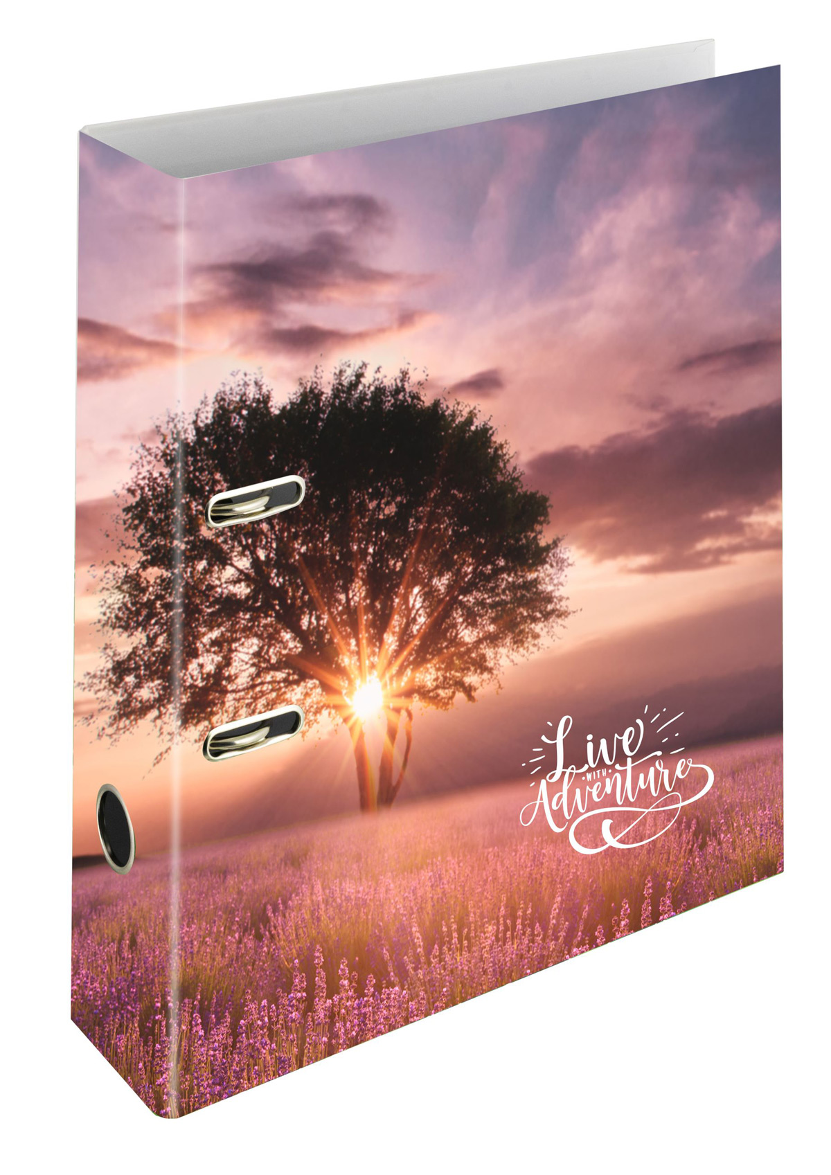 Ordner mit einem Landschaftsbild. Baum im Sonnenuntergang und dem Text 'Live Adventure'.