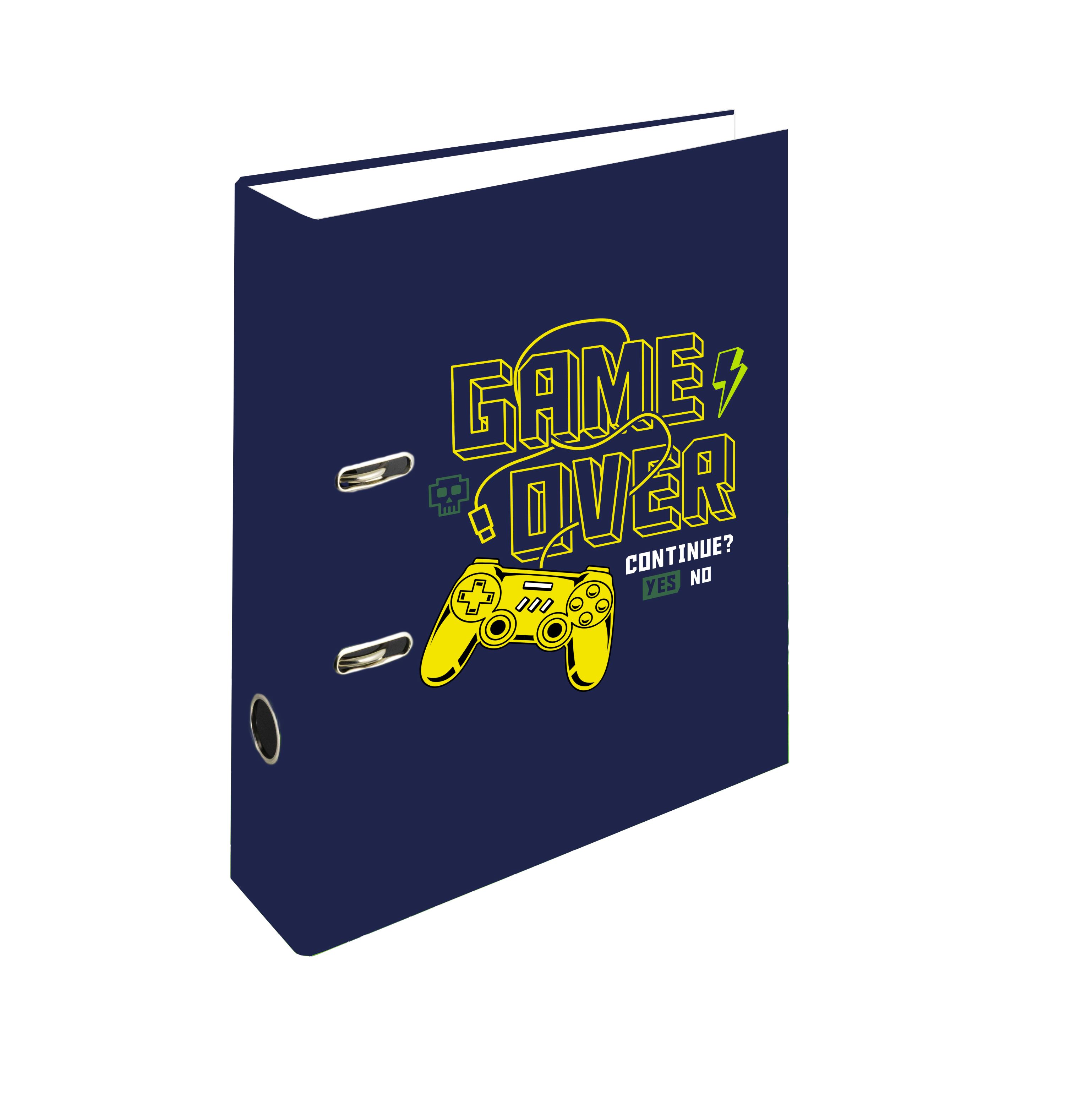 Blauer Ordner mit dem Aufdruck 'GAME OVER'. Grafiken eines Gamecontrollers und der Frage 'CONTINUE? YES NO'.