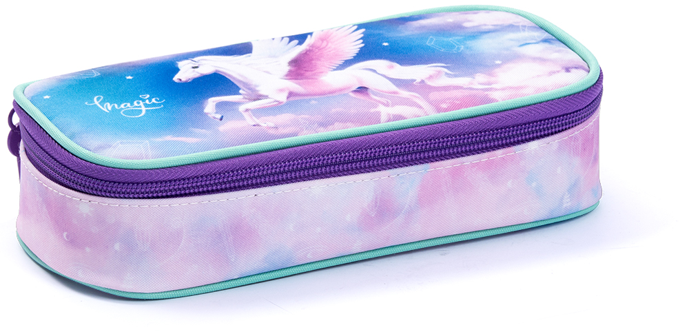 Federmäppchen mit einem Einhorn-Motiv. Farbenfroh mit lila und rosa Akzenten.