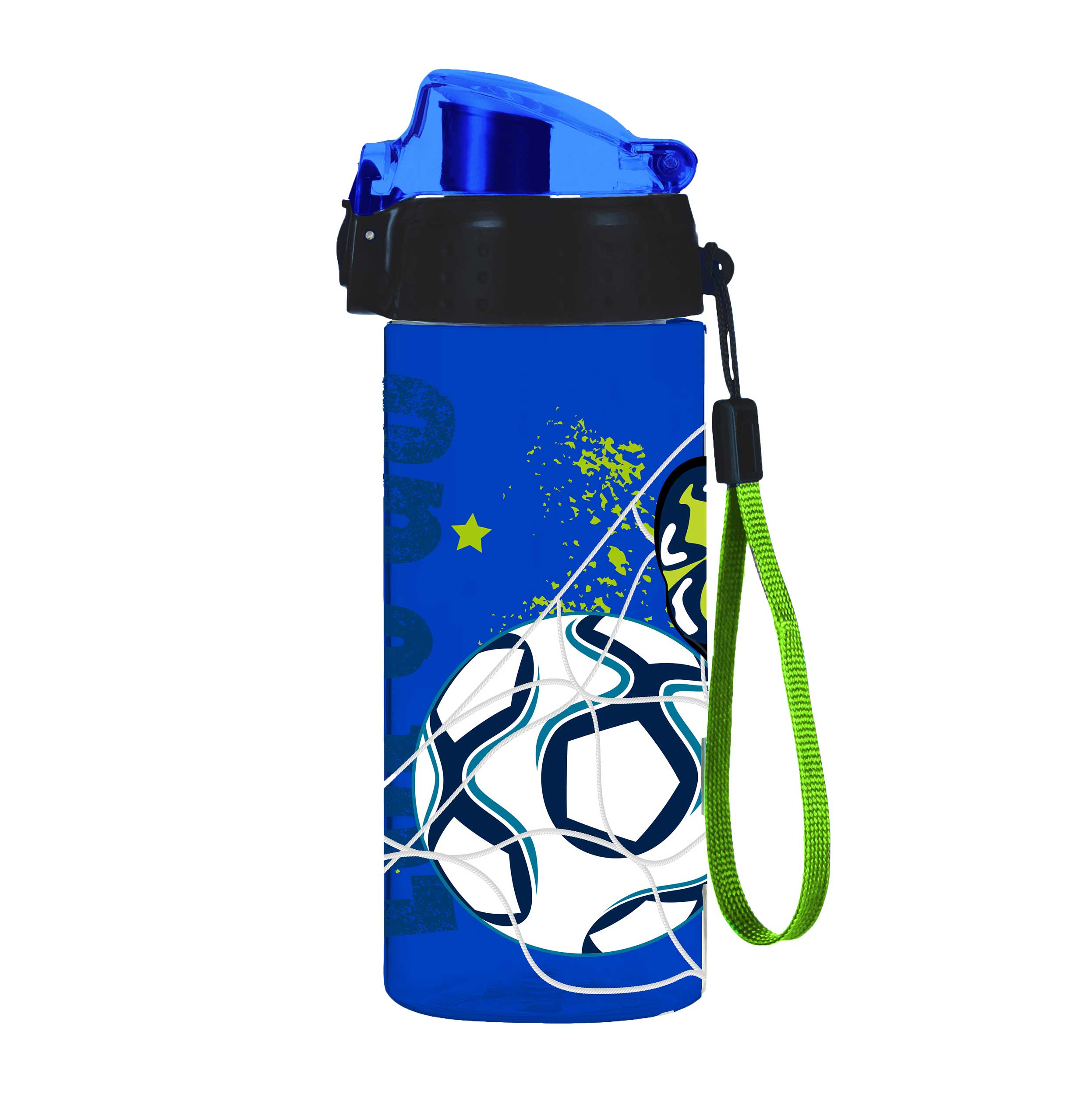 Blaue Trinkflasche mit Fußballmotiv. Deckel in Blau und grüner Trageschlaufe.