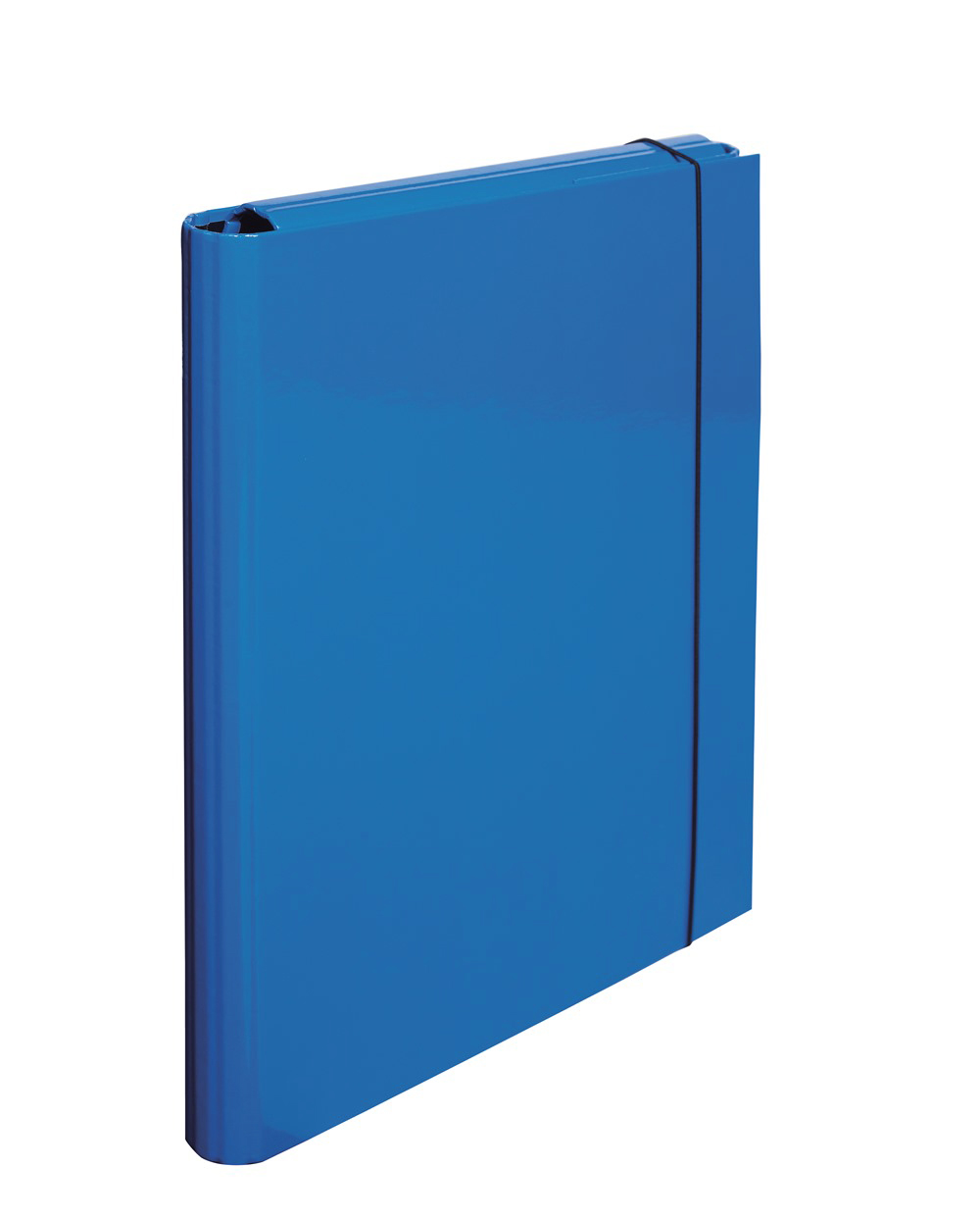 blauer Ordner mit elastischem Verschluss. Glatte, glänzende Oberfläche. Quadratische Form.