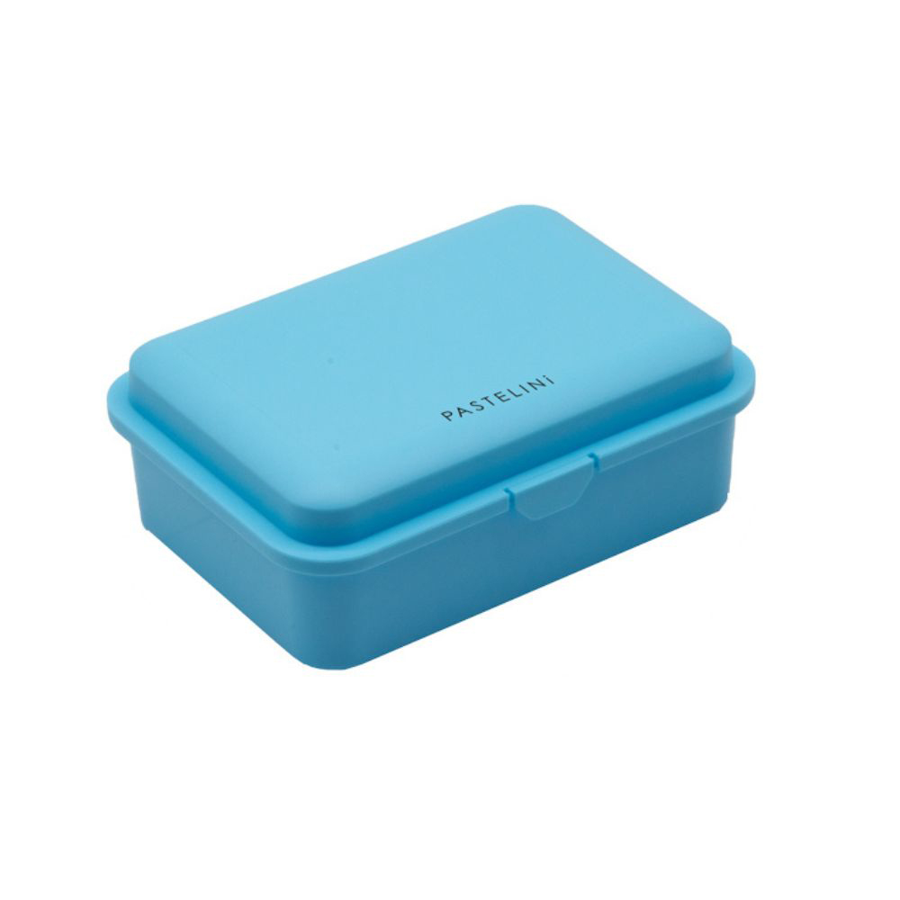rechteckige, blaue Aufbewahrungsbox aus Kunststoff. Deckel in passender Farbe. Aufschrift 'PASTELINI' in der Mitte.