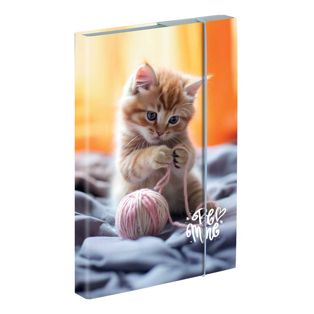Buchcover mit einem orangefarbenen Kätzchen, das mit einem Wollknäuel spielt. Helle, warme Farben im Hintergrund. Schriftzug 'Herz' auf der unteren rechten Seite.