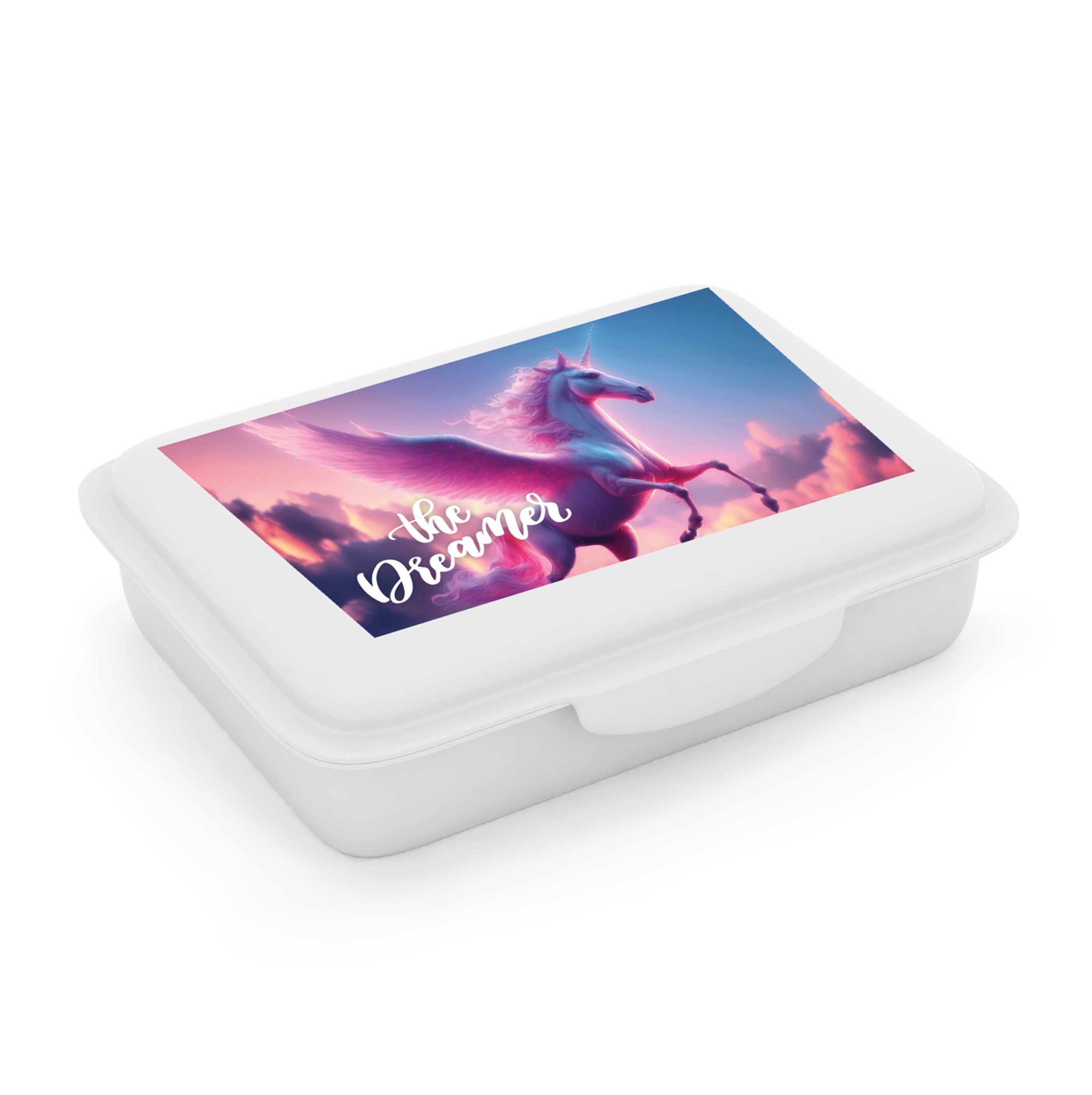weiße Aufbewahrungsbox mit einem bunten Deckel. Abbildung eines fliegenden Einhorns vor einem pastellfarbenen Himmel. Text: 'The Dreamer'.