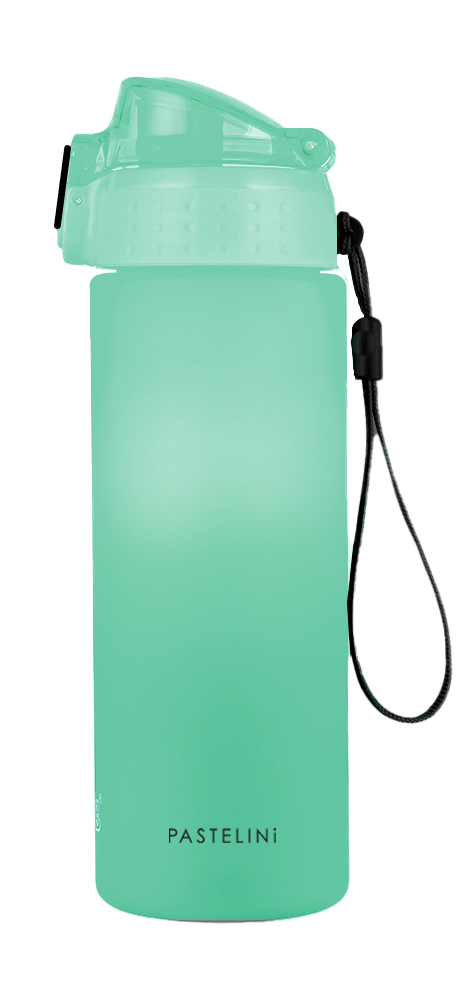 grüne Wasserflasche mit einem transparenten Deckel. Hat einen Tragegriff und eine matte Oberfläche.