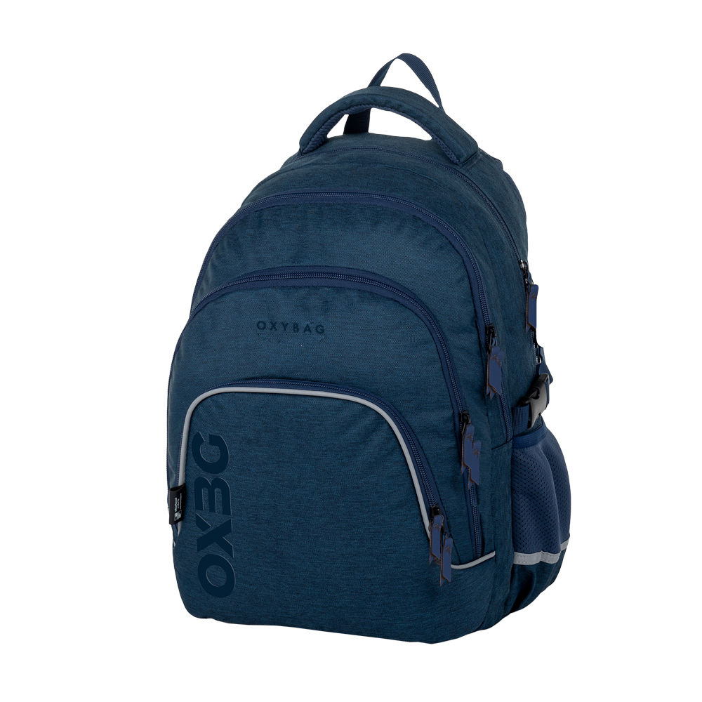 Dunkelblauer Rucksack mit mehreren Fächern. Logo 'OXYBAG' auf der Vorderseite. Gepolsterte Träger und Handgriff oben.