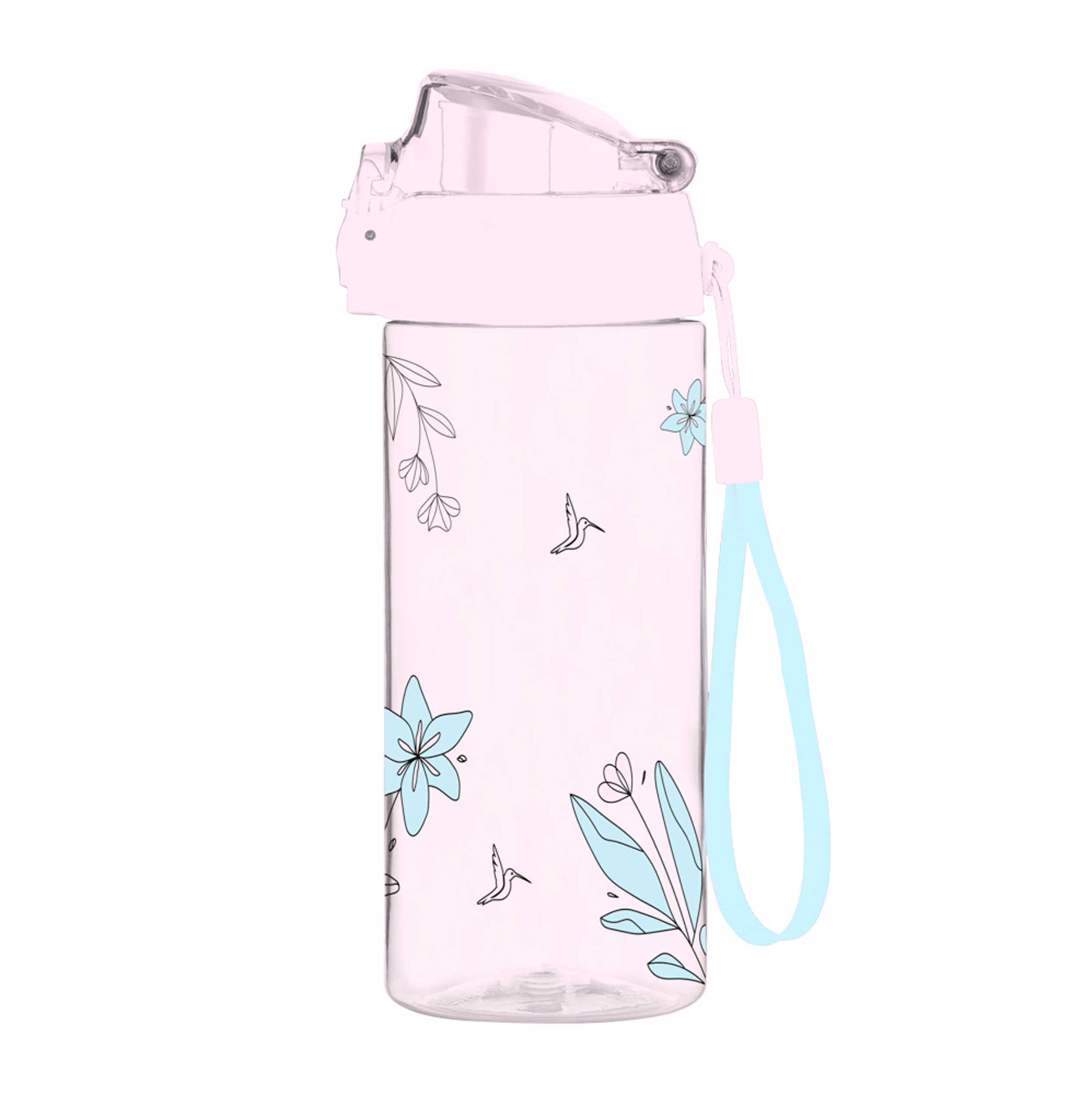 Wasserflasche mit transparentem Körper und pastellfarbenem Deckel. Verziert mit blauen Blumenmotiven.