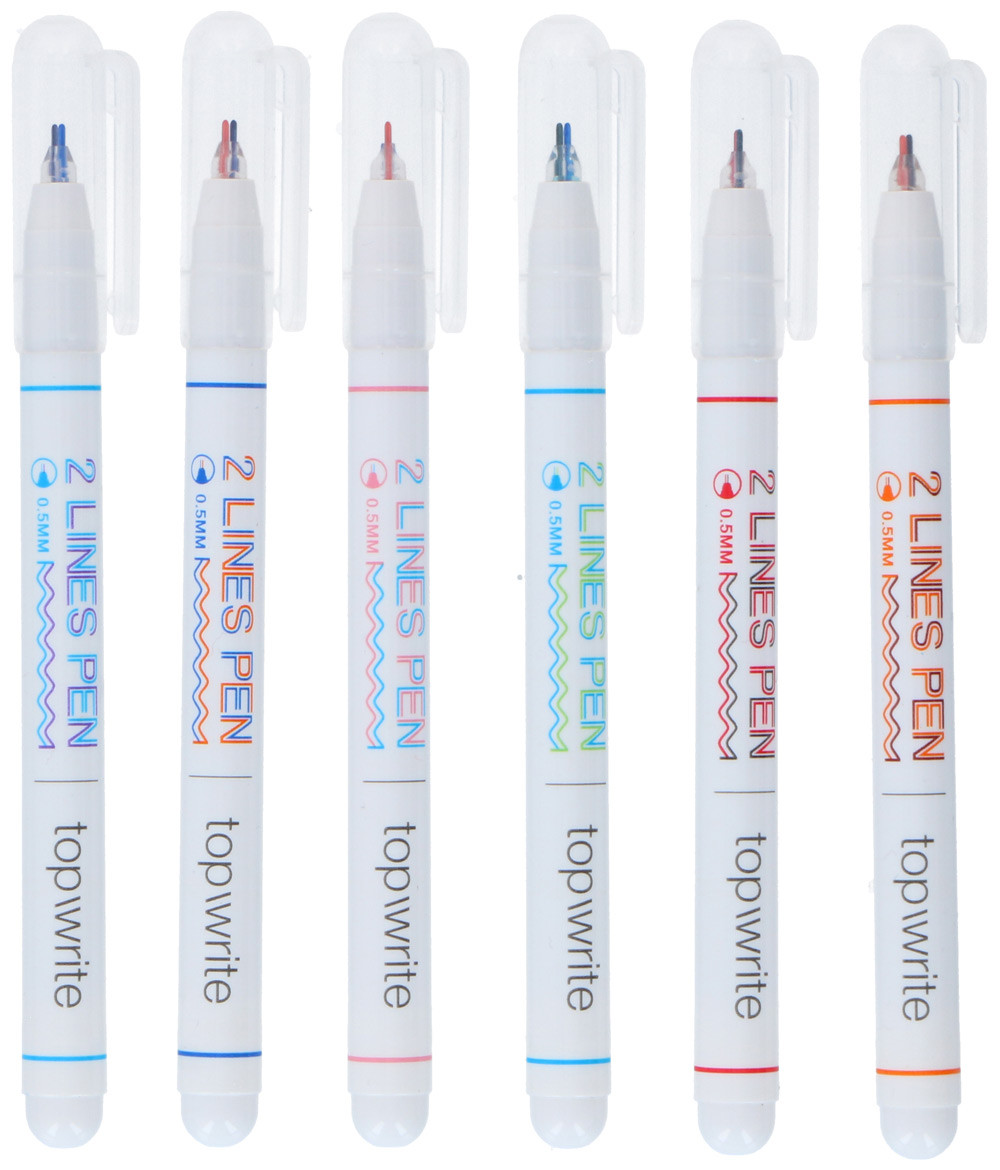 Sechs Stifte mit zwei Linien in verschiedenen Farben. Jeder Stift hat eine feine Spitze und einen durchsichtigen Deckel.