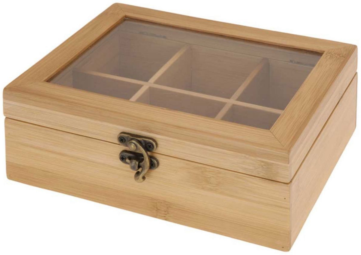 Holzkiste mit transparentem Deckel. Sechs Fächer im Inneren.