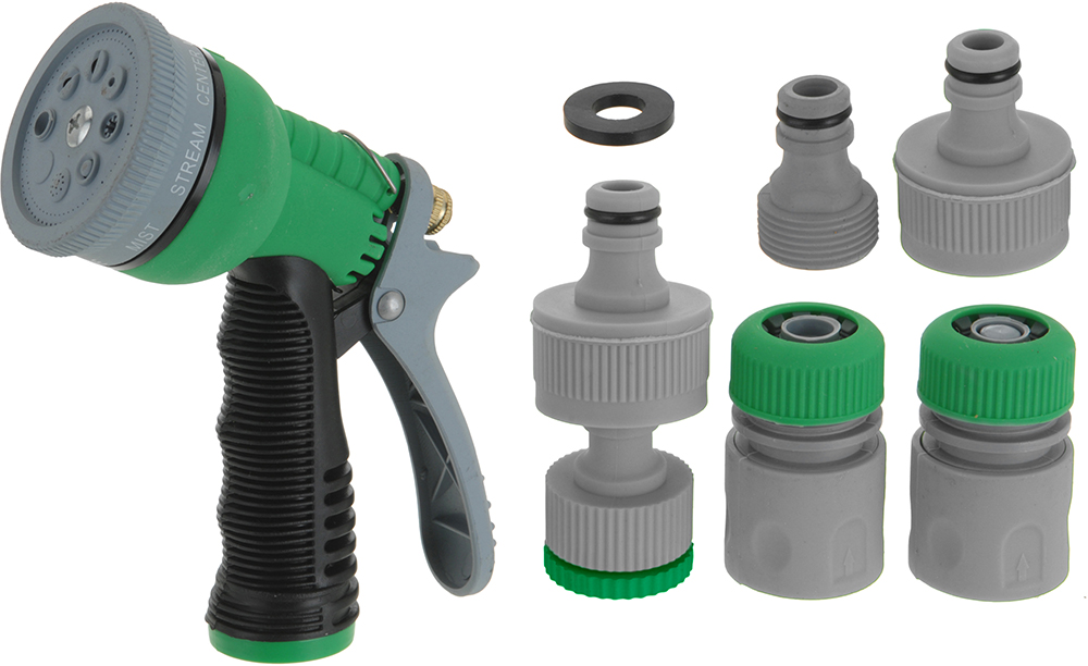 Gartenbrause mit mehreren Sprühfunktionen. Enthält verschiedene Adapter und Dichtungen.