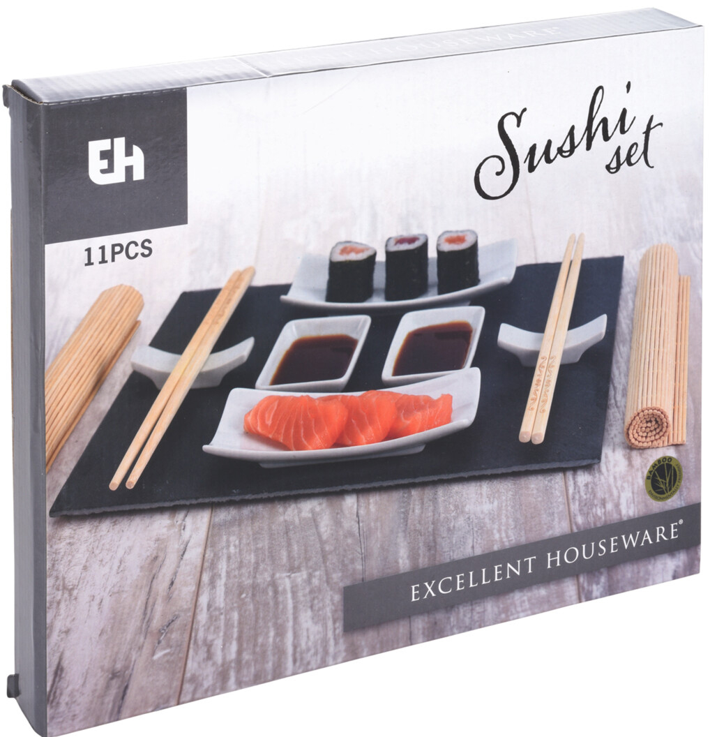 Sushi-Set mit 11 Teilen. Enthält Sushi, Sojasauce und Essstäbchen.