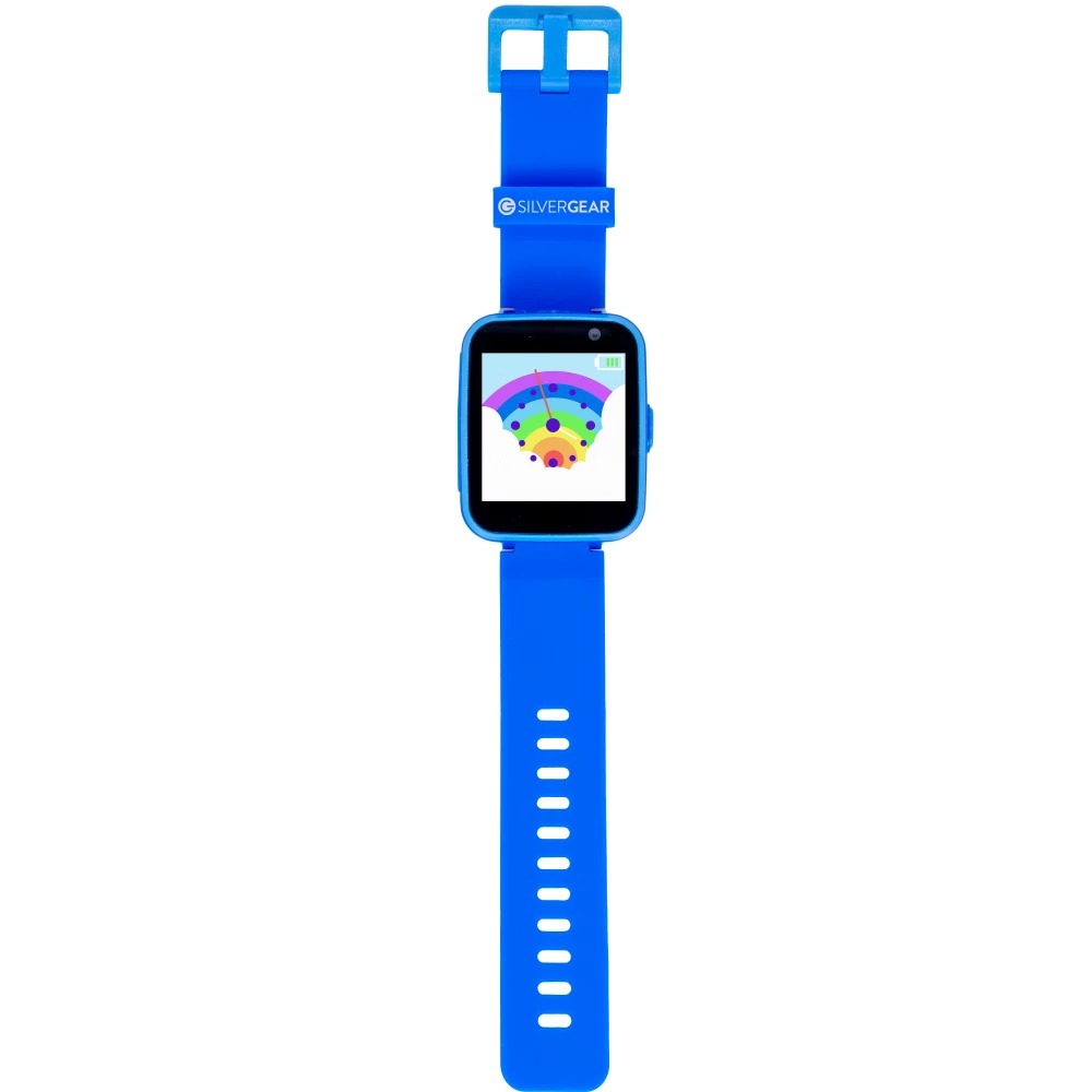 blaues Smartwatch mit quadratischem Bildschirm. Auf dem Display ist ein buntes, grafisches Symbol zu sehen.