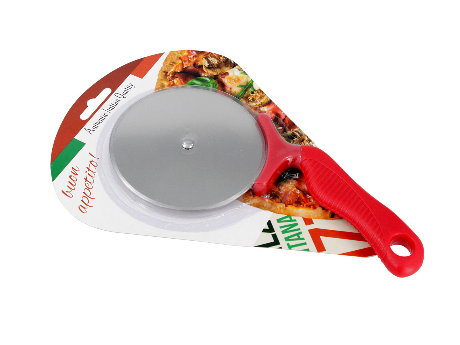 Pizzaschneider mit rotem Griff und runder Klinge. Verpackung zeigt italienische Motive.