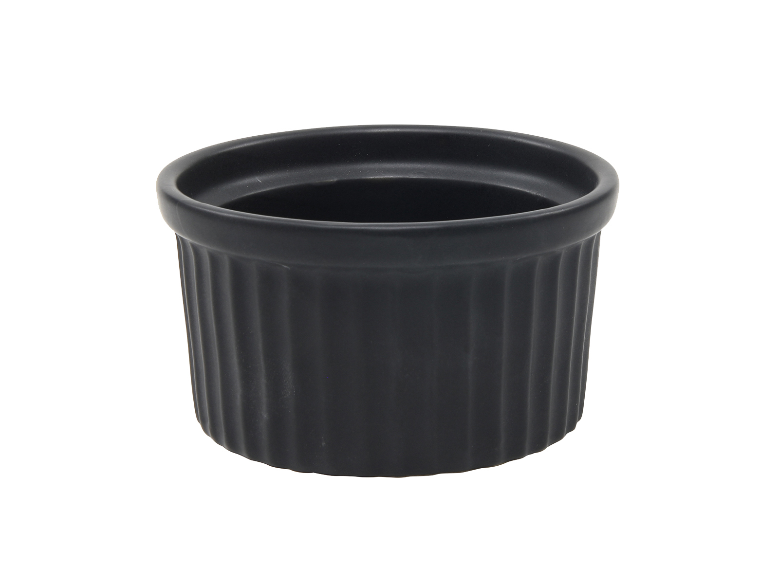 Schwarze, runde Schüssel mit geriffelter Oberfläche. Ideal für Soufflés oder kleine Beilagen.