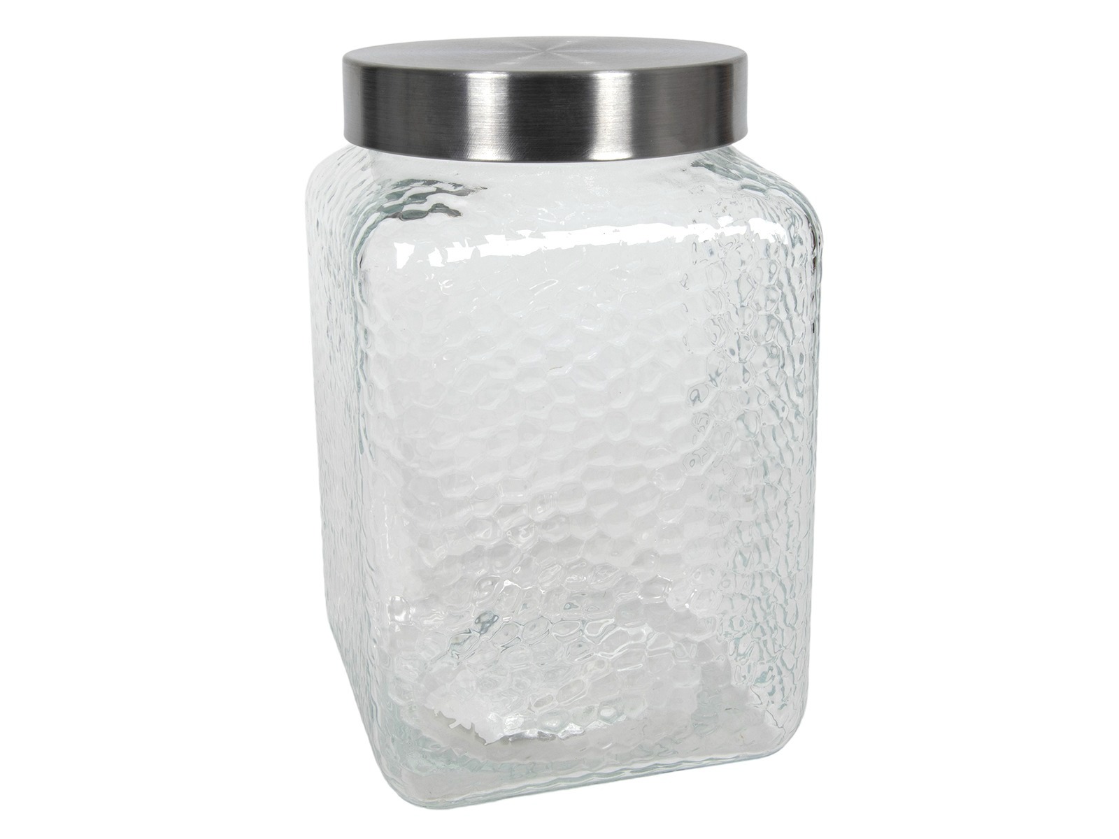 Glasbehälter mit strukturierter Oberfläche und einem metallischen Deckel. Rechteckige Form, transparent.
