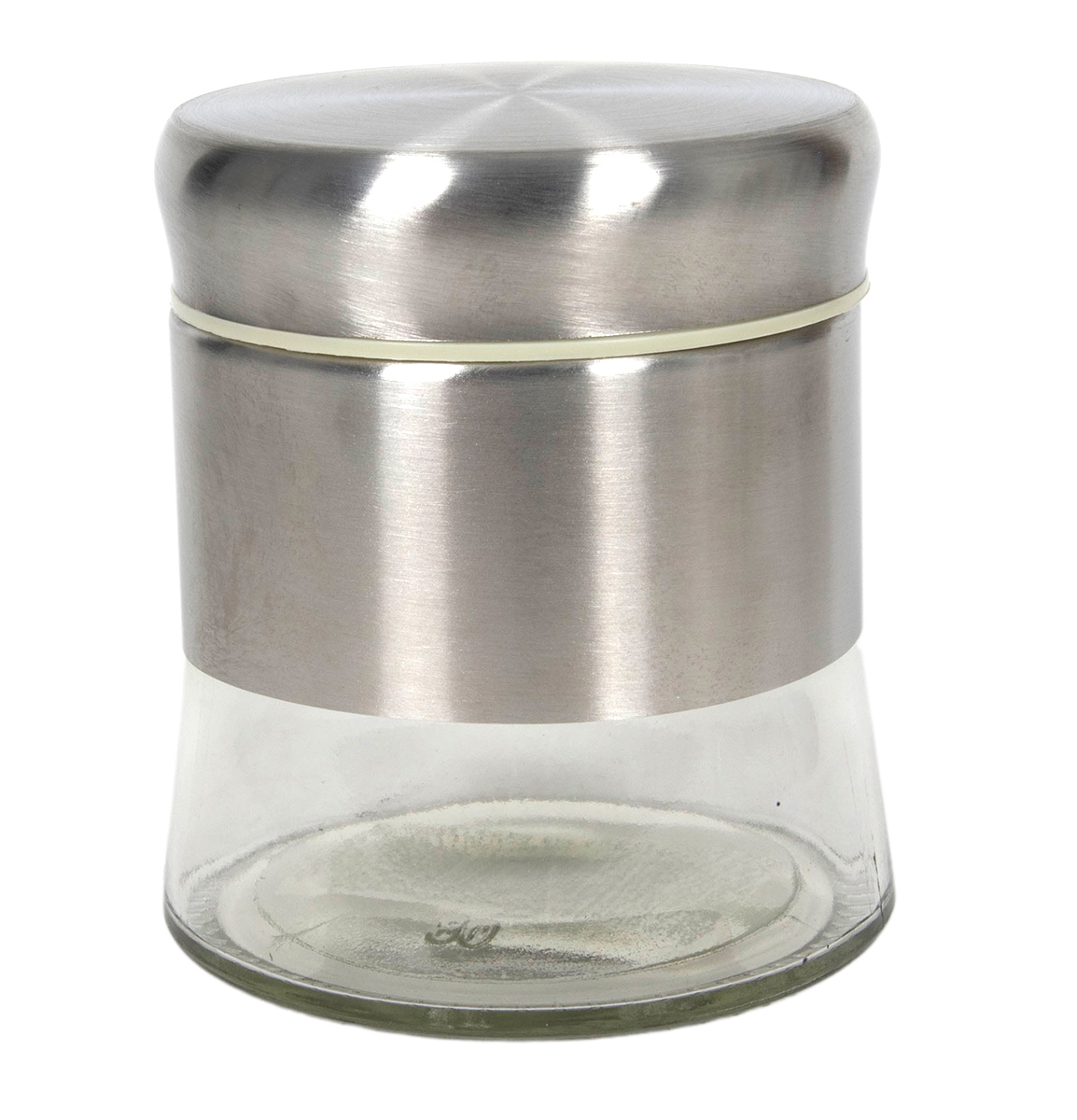 Glasbehälter mit einem metallischen Deckel. Der untere Teil ist transparent.