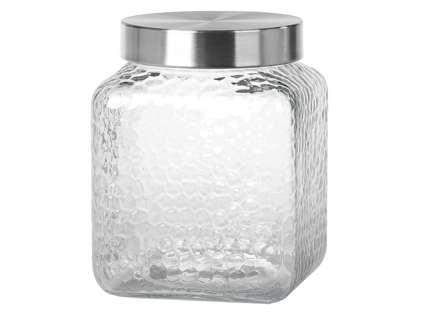 Glasbehälter mit strukturierter Oberfläche und metallischem Deckel. Rechteckige Form, transparent.