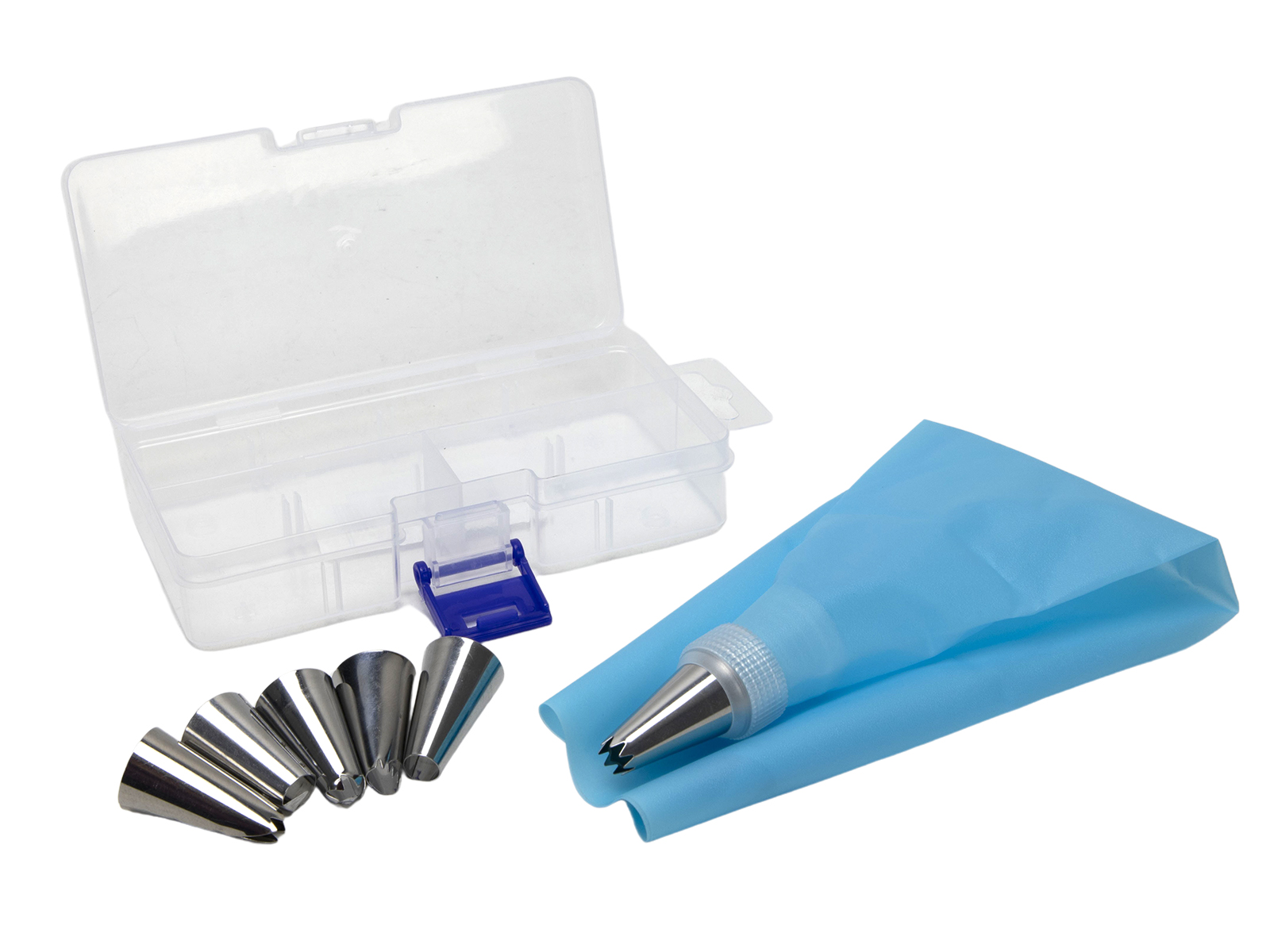 Set mit verschiedenen Spritztüllen aus Edelstahl. Eine blaue Spritzbeutel und eine transparente Aufbewahrungsbox sind ebenfalls enthalten.
