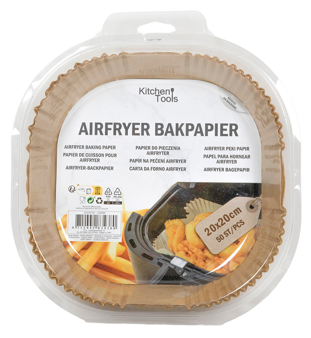 Verpackung mit Airfryer Backpapier. 20x20 cm, 50 Stück.