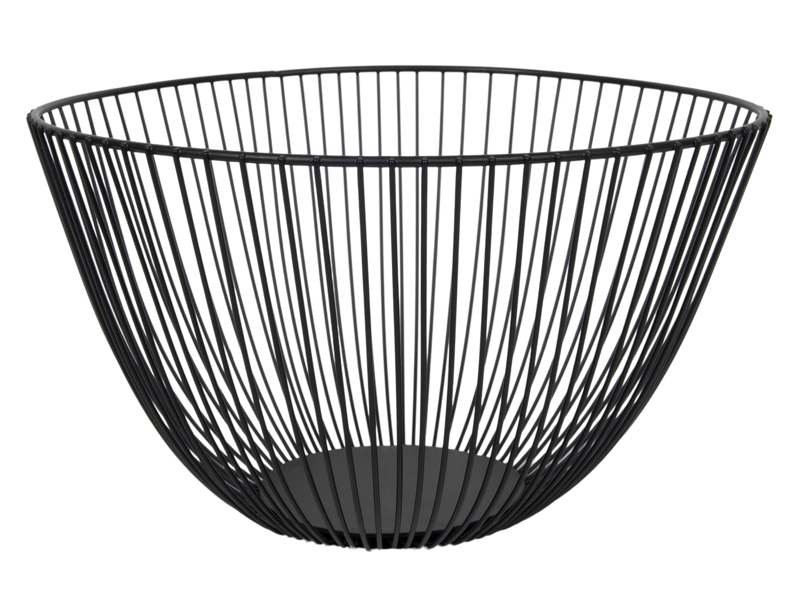 Schwarze Drahtschale in konischer Form. Offenes Design mit feinen Drähten.
