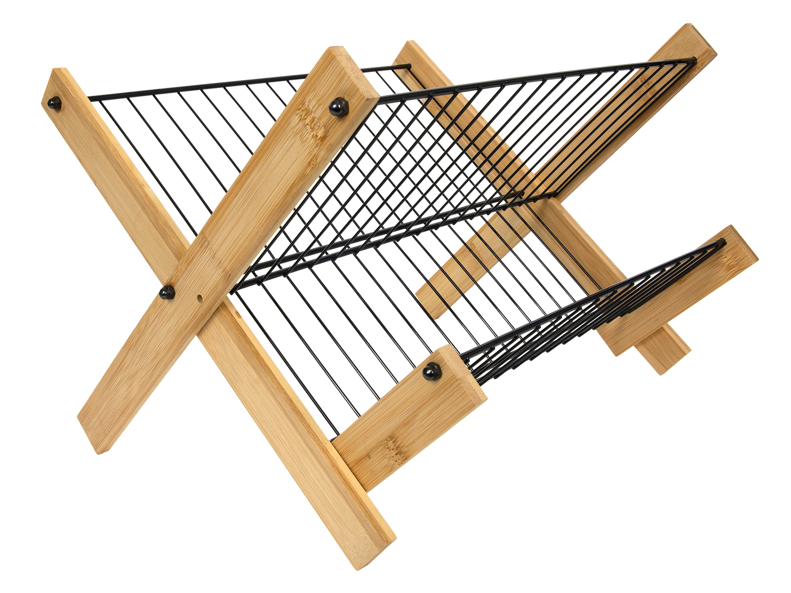 Ein Geschirrständer aus Holz und schwarzem Metall. X-förmige Stütze. Zwei Ablagen für Geschirr. Modernes Design.