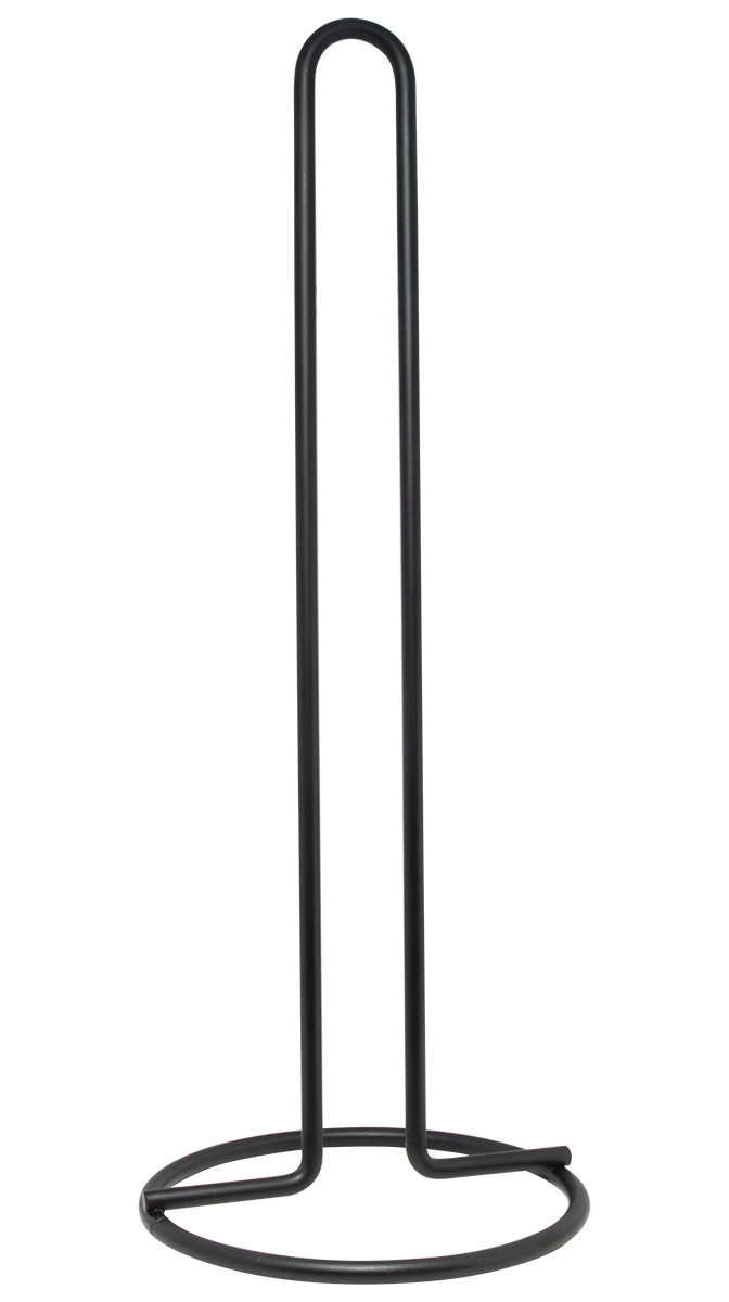 Schwarzer Papierrollenhalter aus Metall. Hohe, schlichte Form mit runder Basis.