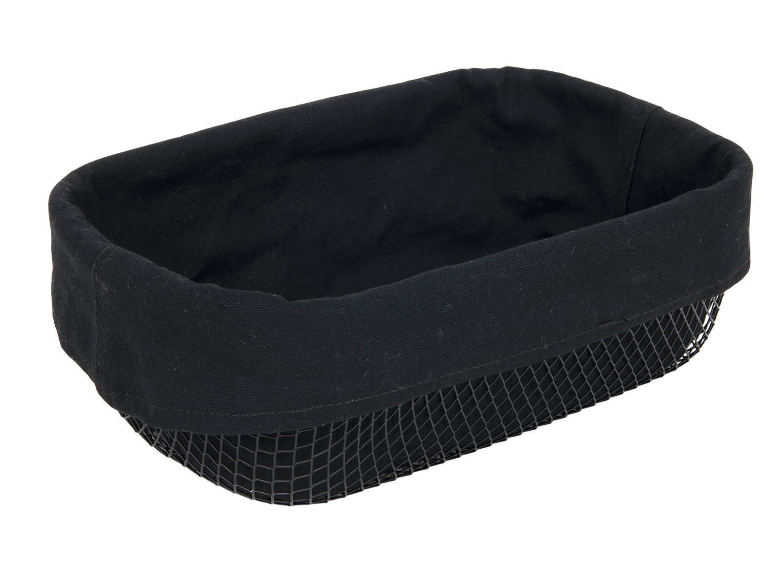 schwarze Aufbewahrungskorb mit einem Stoffrand. Drahtgitterboden. Rechteckige Form.
