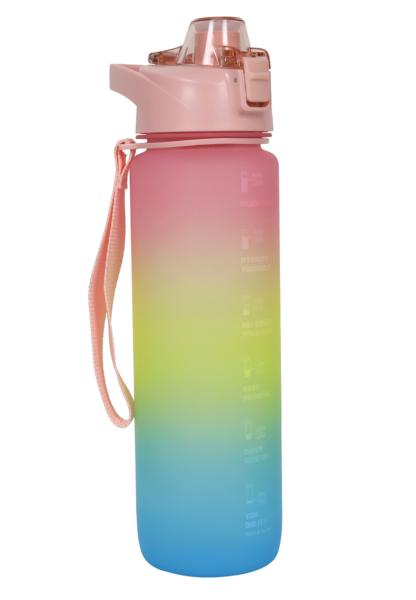 Wasserflasche mit Farbverlauf von Pink zu Blau. Markierungen zur Erinnerung ans Trinken sind sichtbar.