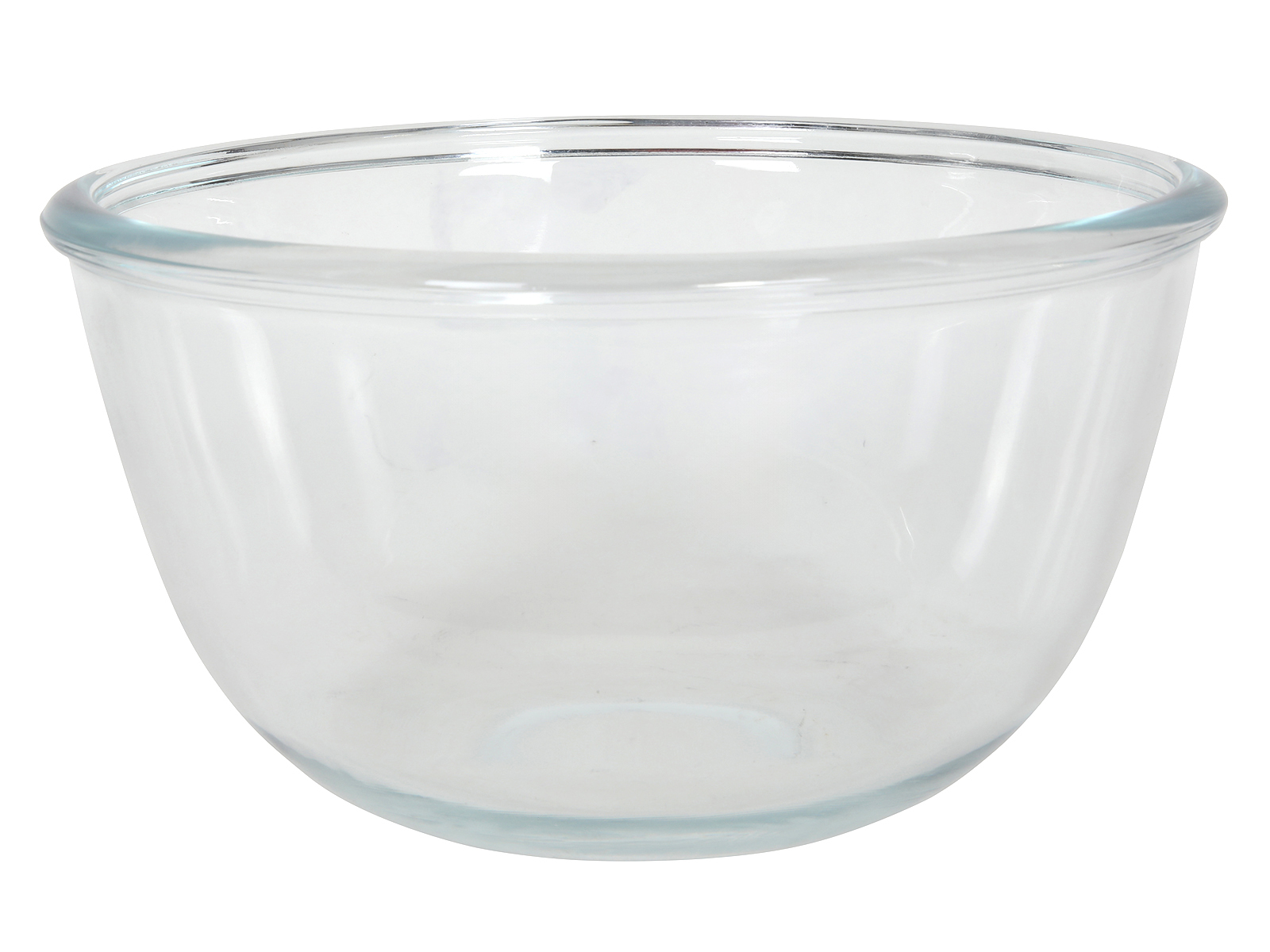 Durchsichtige Glasschüssel mit breitem Rand. Rund und ohne Muster.