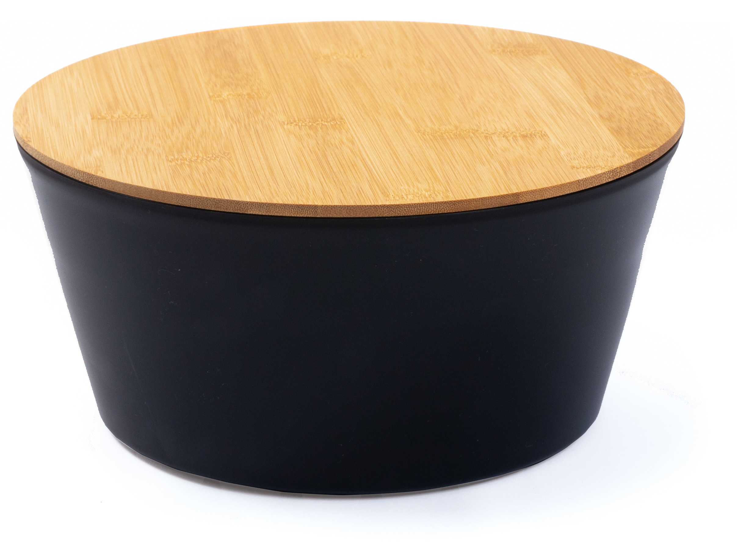 Runder Tisch mit schwarzem Unterteil und Holzplatte aus Bambus. Schlichtes, modernes Design.