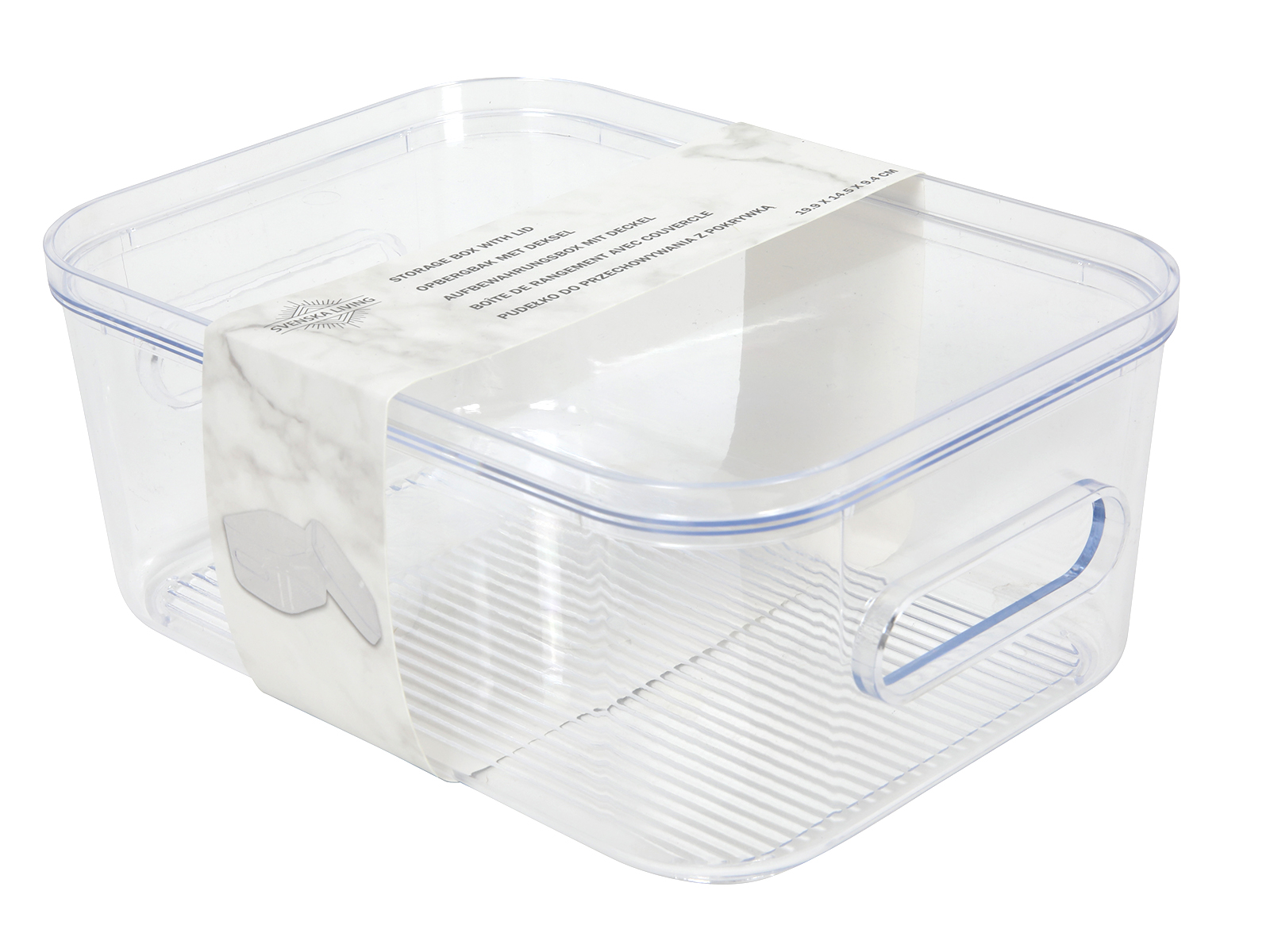 Transparente Aufbewahrungsbox mit Deckel. Rechteckige Form und seitliche Griffe.