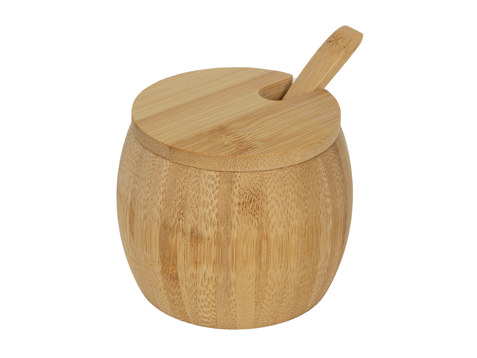 Bambusbehälter mit Deckel und Löffel. Rundliche Form, natürliche Holzoptik.