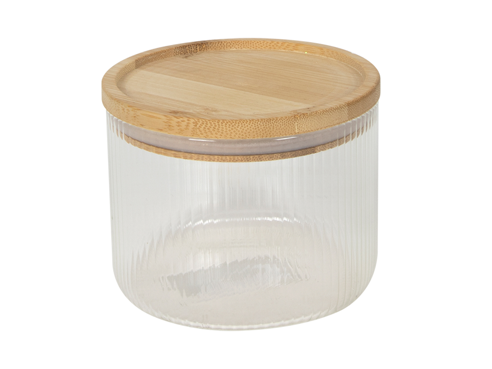 Glasbehälter mit geriffelter Oberfläche und einem Holzdeckel. Transparent und schlicht.