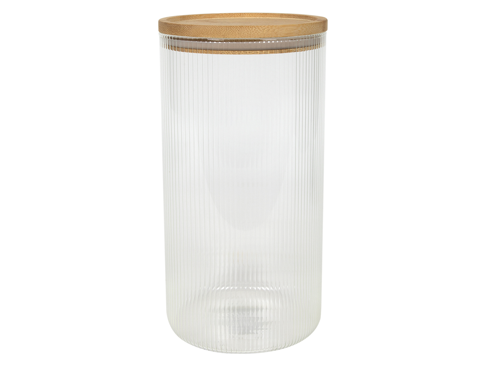 Transparenter Glasbehälter mit gerillter Oberfläche. Holzdeckel oben.