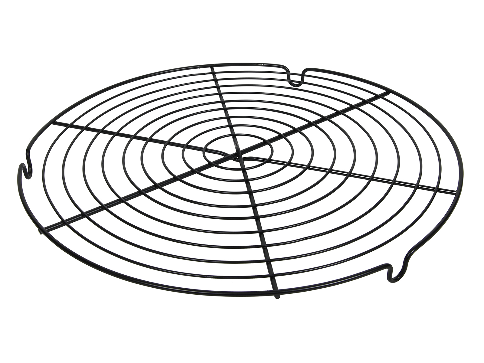 Runder, schwarzer Kuchengitterrost mit spiralförmigem Design. Ideal zum Abkühlen von Gebäck.