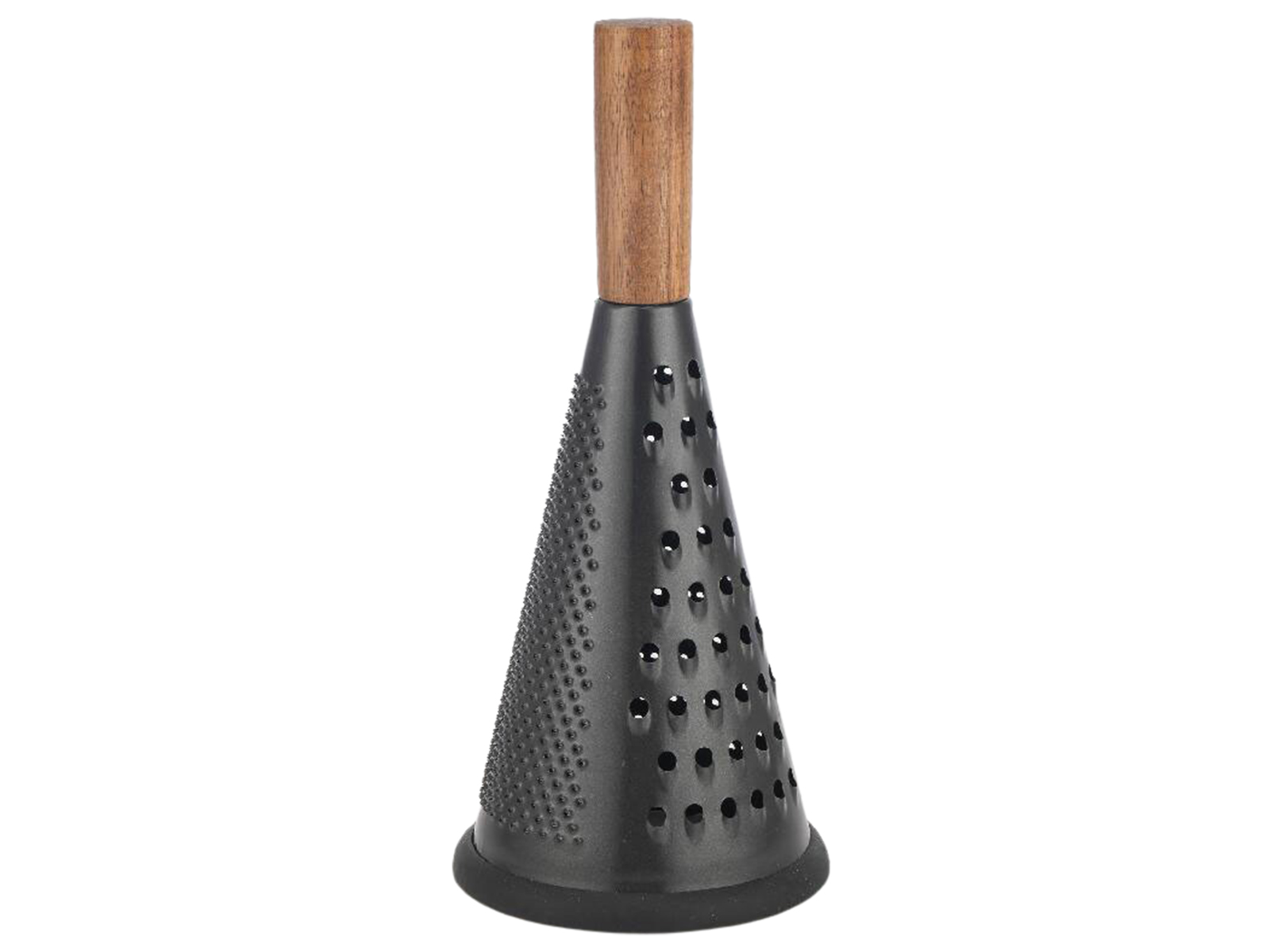Schwarze Reibe in Kegelform mit Holzgriff. Oberfläche hat verschiedene Rillen und Löcher.